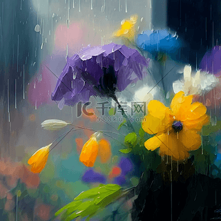 雨背景图片_花朵雨滴雨中的花卉油画背景