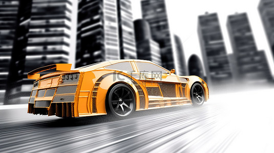 赛车地背景图片_城市中心的未来赛车 3D 插图