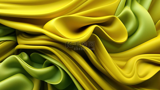 充满活力的绿色和黄色背景，带有俏皮的褶皱卷发和飞溅 3D 插图