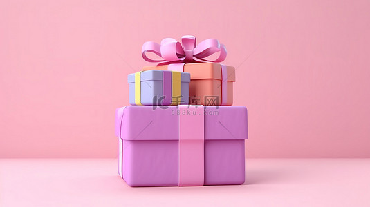 新年豪礼背景图片_柔和色调的礼物，简单的设置，粉红色背景上的 3D 渲染柔和的礼品盒