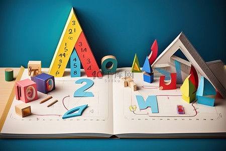 笔记本和数学这个词位于彩色标尺和彩色形状之上