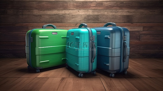 带有 3d 渲染的蓝色和绿色硬箱行李箱的木制背景