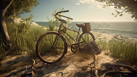 3D 渲染中在海边休息的老式自行车
