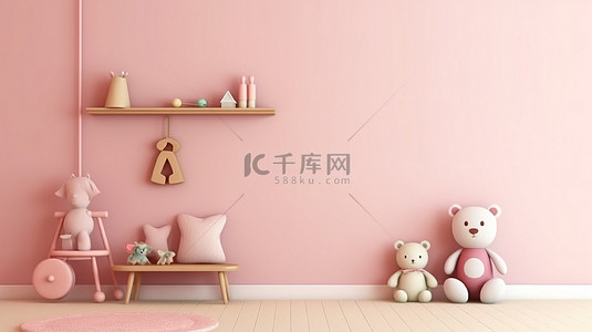房背景图片_儿童房浅粉色墙壁模型的 3D 渲染