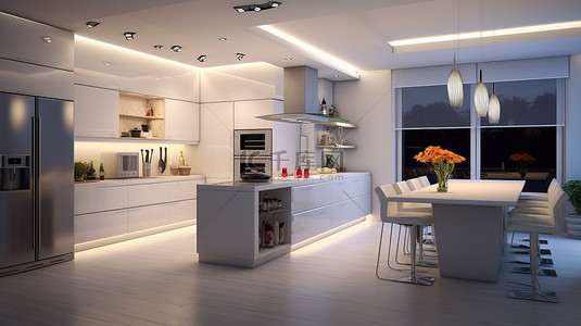 厨房背景图片_现代白色厨房内部设有早餐吧，由 3D 夜光照明