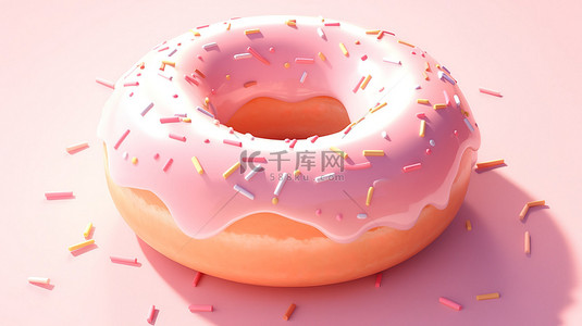 孤立的粉红色背景与 3d 渲染的磨砂洒甜甜圈顶部粉红色洒
