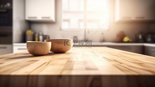 时尚的木桌，带有精美模糊的 3D 厨房背景