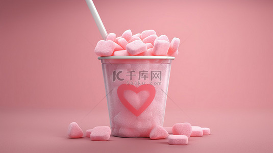 粉红爱心背景图片_粉红糖心塑料冰沙杯的 3D 渲染插图