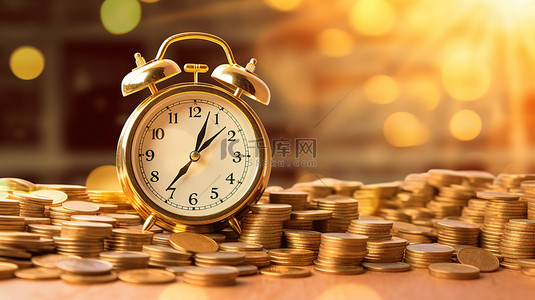 时间的闹钟背景图片_财富等待着被成堆金币包围的闹钟的 3D 渲染