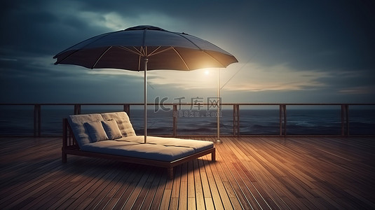 带雨伞的木制露台躺椅的暮光海景 3D 渲染