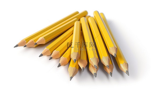 在白色背景上隔离的 3D 渲染中充满活力的黄色铅笔