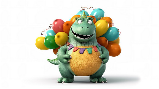 可爱的 3D 恐龙，身材矮胖，抓着充满活力的气球