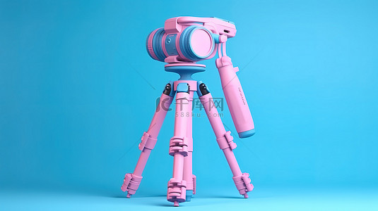 粉色背景展示了蓝色数码单反相机三脚架稳定万向节系统的 3D 渲染
