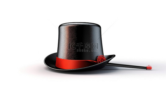 魔术舞台背景背景图片_迷人的高顶帽子，带有辐射光线和魔杖，在白色背景上呈现 3D 渲染