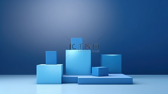 产品主图模版背景图片_讲台上展示蓝色背景上具有几何蓝色形状的产品 3D 渲染插图
