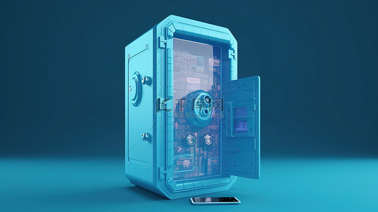 互联网背景图片_带有货币安全防护智能手机和服务器的保险箱在蓝色背景上以 3d 渲染