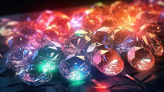 水晶图形背景图片_一堆闪闪发光的钻石在霓虹灯的照射下以 3D 图形描绘