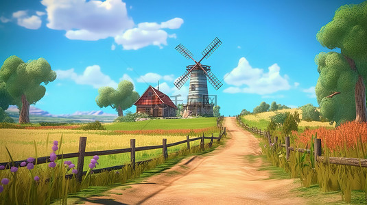 田园诗般的夏季风景，以郁郁葱葱的绿草高大的树木沙路风车和质朴的木制谷仓为特色，在 3D 插图中映衬着清澈的蓝天