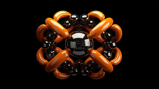 黑色背景上互锁圆圈和十字帽的橙色球环抽象 3D 渲染