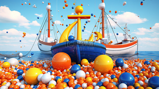 锚船背景图片_蓝色场景 3D 渲染中围绕橙色锚 boia 和灯塔的充满活力的球系列