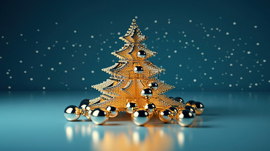 蓝色背景与金色抽象圣诞树的 3D 渲染
