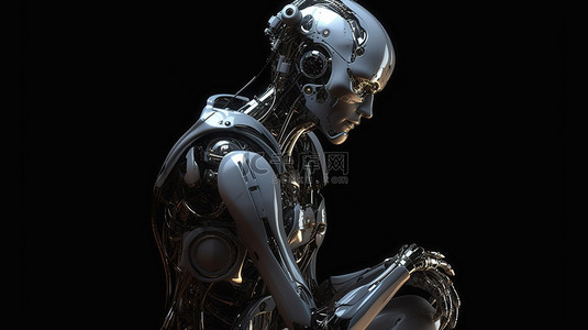 女性机器人在黑暗背景中思考 3D 渲染图像