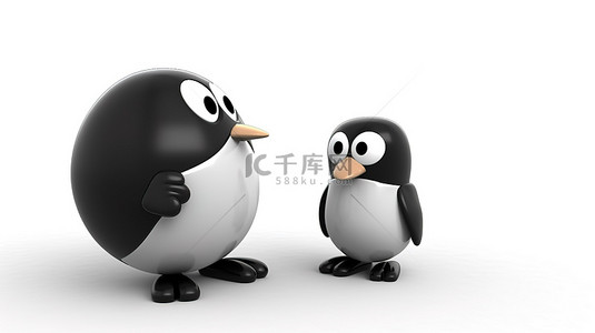可爱的 3D 渲染卡通企鹅玩具，黑白相间，白色背景上有语音气泡