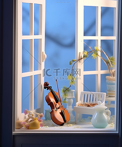 戴着眼镜的窗户里有一把小提琴