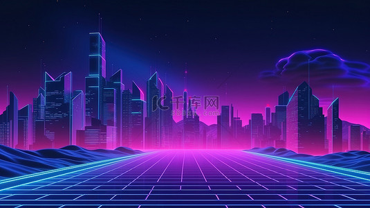 复古建筑海报背景背景图片_霓虹灯夜景展示 3D 复古浪潮城市背景和 80 年代风格的未来城市