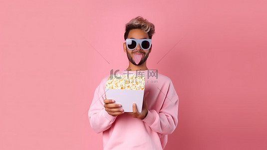 年轻人戴着 3D 眼镜和爆米花盒，在充满活力的粉红色背景下享受电影之夜