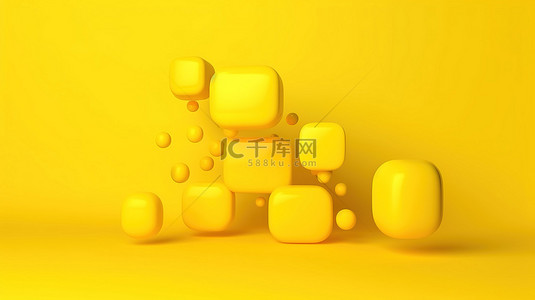 亮黄色背景下矩形对话框聊天气泡语音布局的充满活力的 3D 渲染