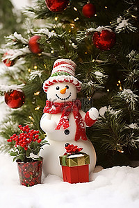 一个雪人坐在盆栽树和礼物旁边