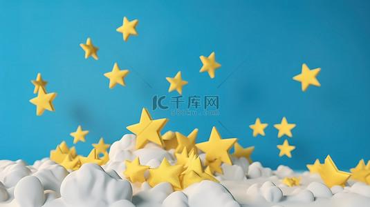 蓝色背景与孤立的白云和 3d 渲染中的黄色星星