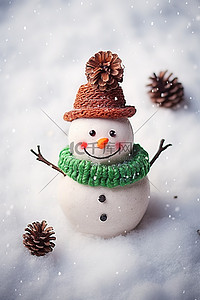 圣诞节圣诞帽背景图片_一个戴着圣诞帽的雪人身上挂着松果