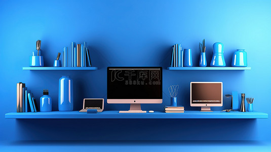 蓝色墙架横幅现代科技设备系列计算机笔记本电脑手机和平板电脑 3D 插图
