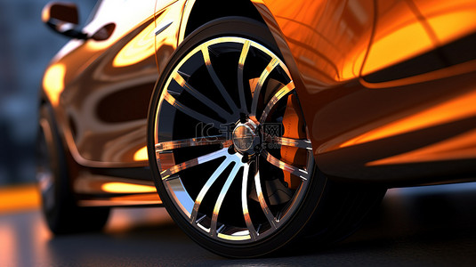 值得一看的 3D 渲染特写轿车车轮在路上