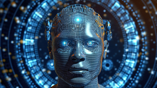 国学达人背景图片_未来派卡尔达诺加密货币头在机器人抽象与全息技术 3D 渲染