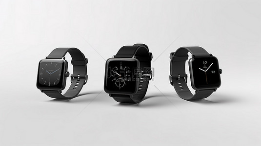 3D 渲染白色背景，具有各种现代黑色智能手表型号，带可调节表带