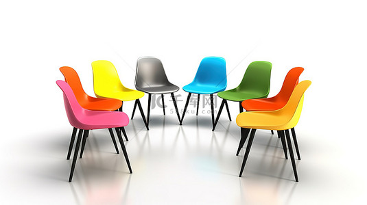 彩色椅子单独站立在白色背景上的 3D 插图，表示专业会议和讨论