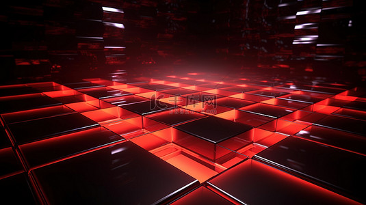 红色霓虹灯方形抽象 3D 渲染中的未来高科技背景