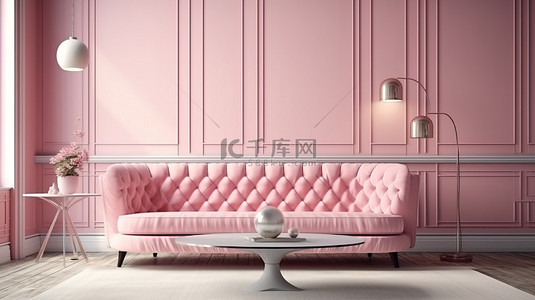家具背景图片_斯堪的纳维亚风格室内设计的 3D 渲染插图，配有粉红玫瑰石英沙发和毛绒枕头