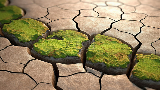 从破裂的泥土中发芽的地球形状的草丛以 3D 形式描绘了全球变暖