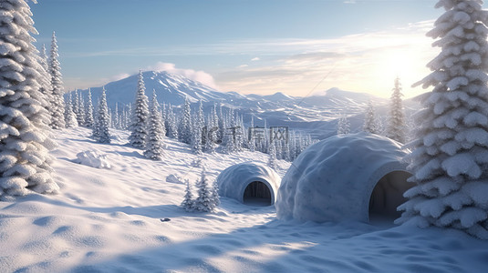 北极景观 3d 渲染松林中的雪山和冰屋