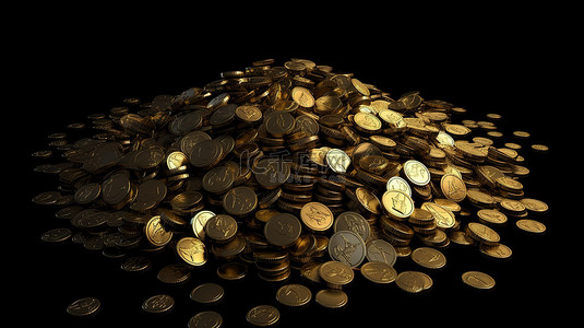 黑色孤立背景下一堆闪闪发光的金币，代表 3D 渲染中的财富和赌场运气