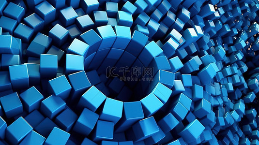 蓝色背景抽象形状上圆形蓝色立方体的单色 3D 渲染
