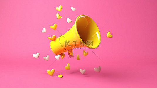 情人节特别的黄色扩音器，心在粉红色背景 3D 渲染上翱翔