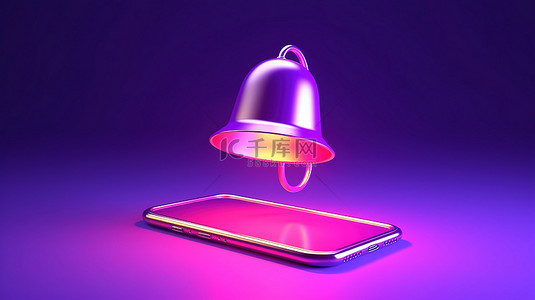 3D 渲染中紫色隔离背景上的时尚电话通知铃图标
