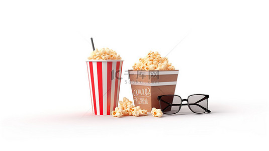 电影背景图片_电影之夜必需品隔板爆米花桶饮料和白色背景的 3D 眼镜