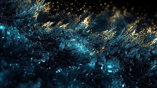 亮黑色背景图片_抽象 3D 渲染闪闪发光的蓝色和黑色数字粒子
