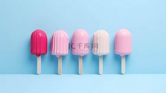 柔和的蓝色背景上融化的粉红色冰棒，创意夏季概念的简约 3D 插图